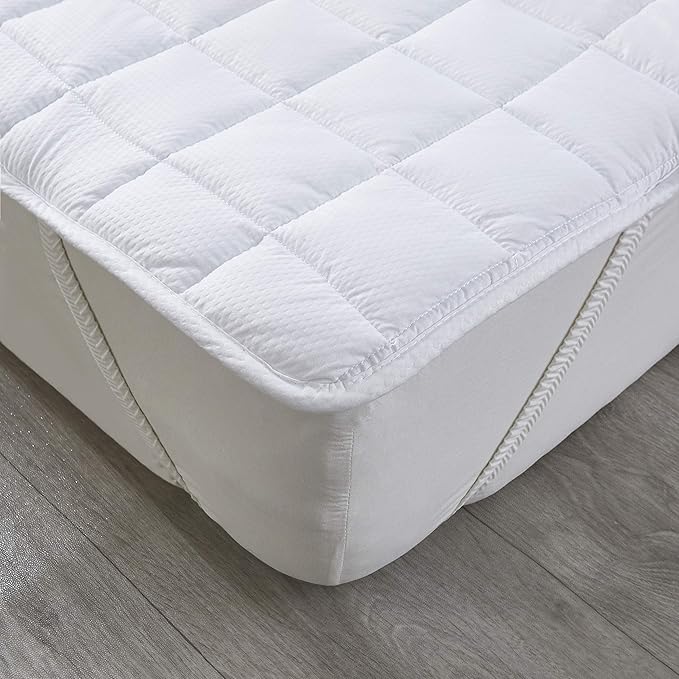 Queen Size Mattress Pad Protector Topper - Microfiber Breathable Cover with Elastic Straps (8"-18" Fitted Deep Pocket) White Color - Not Waterproof