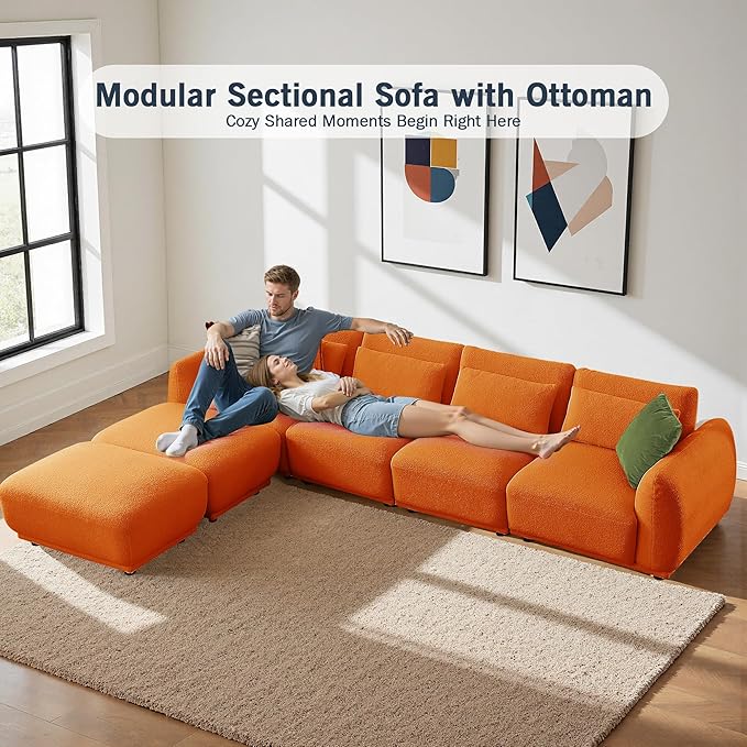 Sectional Sofa Couch, Modern Convertible U Shaped Sectional Couch with Ottoman, Modular Sectional Sofa Cloud Couches for Living Room (Orange, 4 Set + 2 Ottoman)