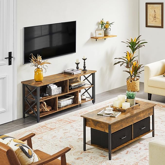 Yaheetech TV Stand for Living Room, Industrial Entertainment Center for 65 Inch TV, Rustic TV Console Stand with Storage Cabinets Wood and Metal, Rustic Brown