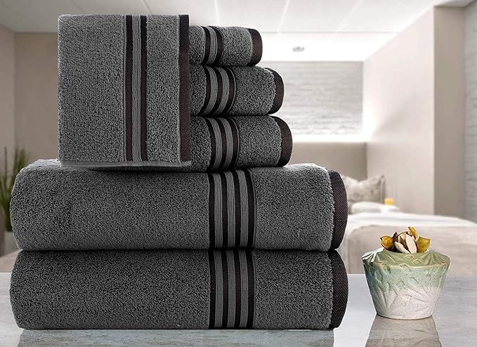 CASA COPENHAGEN Zero Twist, 6 Pieces Set 100% Cotton 0" Twist Towel Set- Pine Grey, 600 GSM, 2 Bath, 2 Hand, 2 Washcloths Made from Egyptian Cotton, Ultra Soft Luxury Towels for Bathroom.