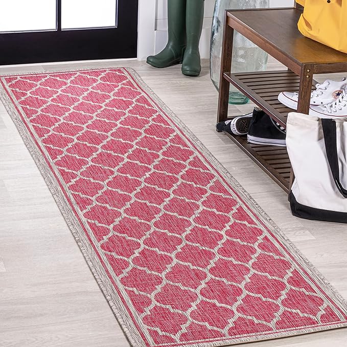 Eyely BMS109H-28 Santa Monica Trebol Moroccan Trellis Textured Weave Indoor/Outdoor Runner Rug Coastal;Bohemian, Bedroom, Backyard, Patio, Easy-Cleaning, Non-Shedding, 2 X 8, Fuchsia/Light Gray