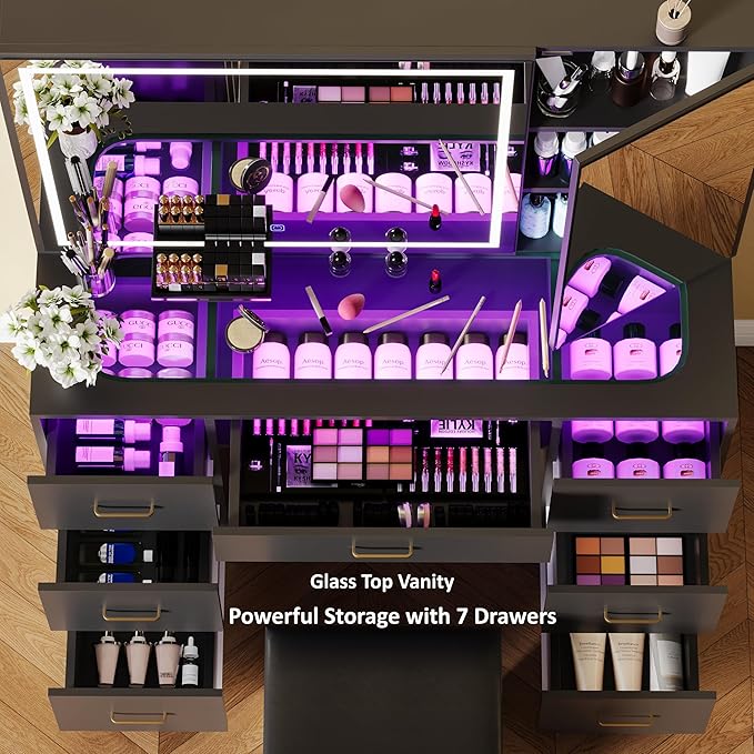 Glass Top Vanity Desk with Mirror and Lights, Black Makeup Vanity with RGB Drawer, Dressing Table with Adjustable Brightness, Vanity Set for Dressing Room (Black-Glass Top, with Stool)
