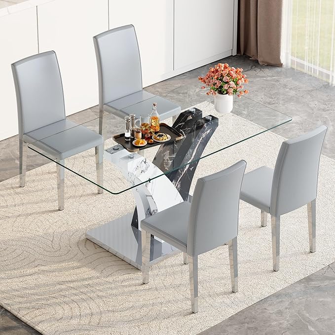 Glass Dining Table Set for 4, 63” Kitchen Table Set for 4, Modern Dining Room Table Set with Upholstered Chairs, Tempered Glass Tabletop with Y Shape Base