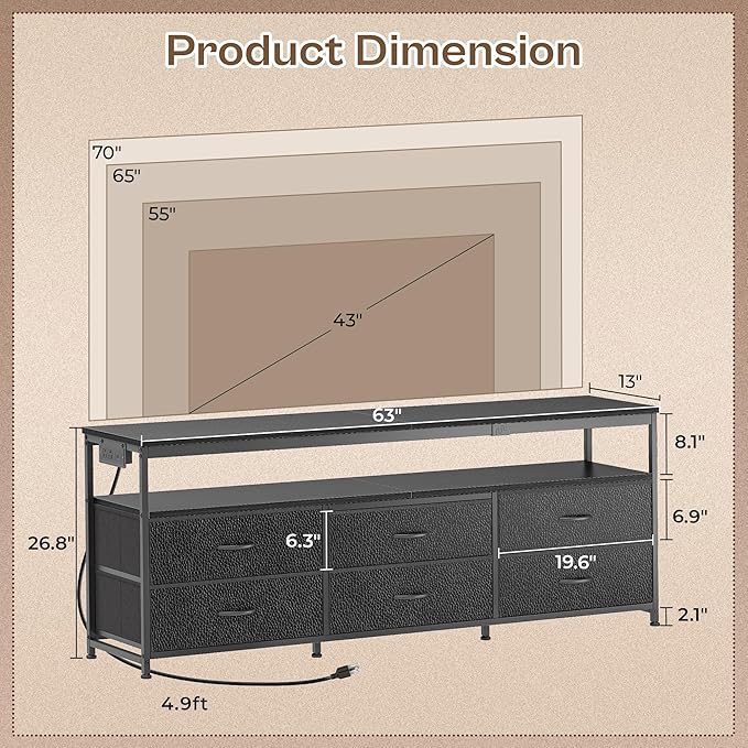 Huuger 63 Inch TV Stand for 55, 65, 70 Inch TV, Long Dresser TV Stand for Bedroom, Black LED TV Stand with Power Outlets, Fabric Drawer Dresser with Storage, Entertainment Center for Living Room