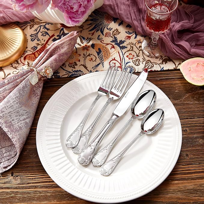 KEAWELL Premium  Regalia 20-Piece 18/10  Stainless Steel Flatware Set – European Classical Luxury Silverware Set, Dishwasher Safe for Everyday Meals and Formal Entertaining (20, Silver)