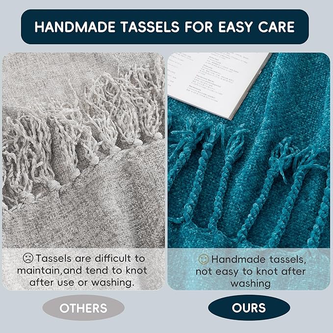 BATTILO HOME Teal Blue Throw Blanket for Couch, Bed, Sofa - Soft Cozy Chenille Throw with Fringe Tassels, Lightweight Knit Throw for Home Decor, 50"x60"