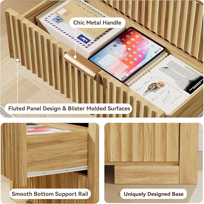 Fluted Dresser for Bedroom, 32 Inch Wide 3 Drawer Dresser with Charger Station for Bedroom Living Rooms Offices, Natural Oak