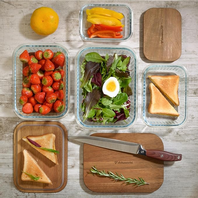 Set of 4 Stackable Space-Saving Nesting Glass Bowls with Airtight Acacia Lids for Lunch, Meal & Food Prep - Microwave & Oven-ready BPA Free Durable Heat Resistant Inert Borosilicate Glass