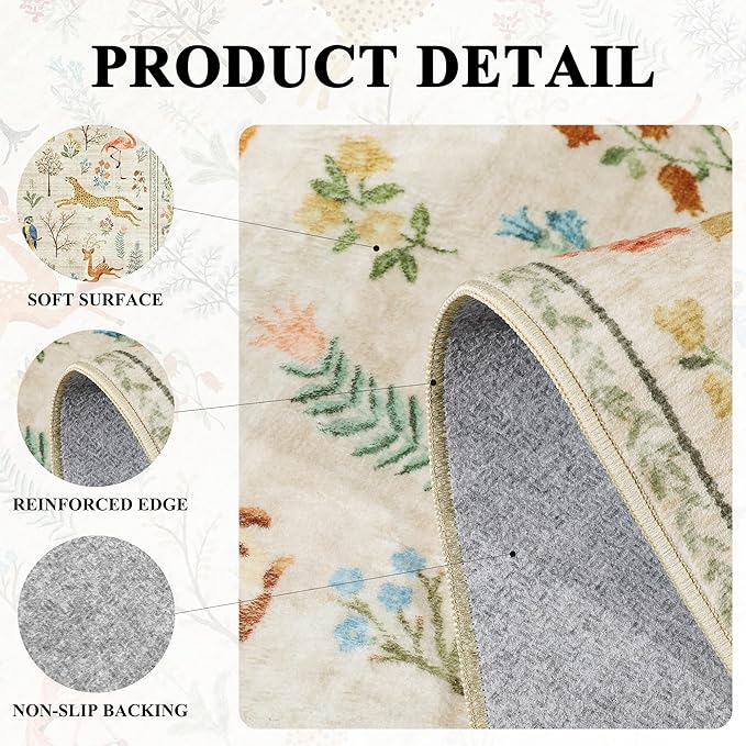 DUKINO 2.6x8 Rug for Hallway, Washable Kitchen Runner Rug with Non Slip Backing, Soft Low Pile Vintage Animal Runner for Bedroom, Kitchen, Hallway, Entryway, Laundry, Beige