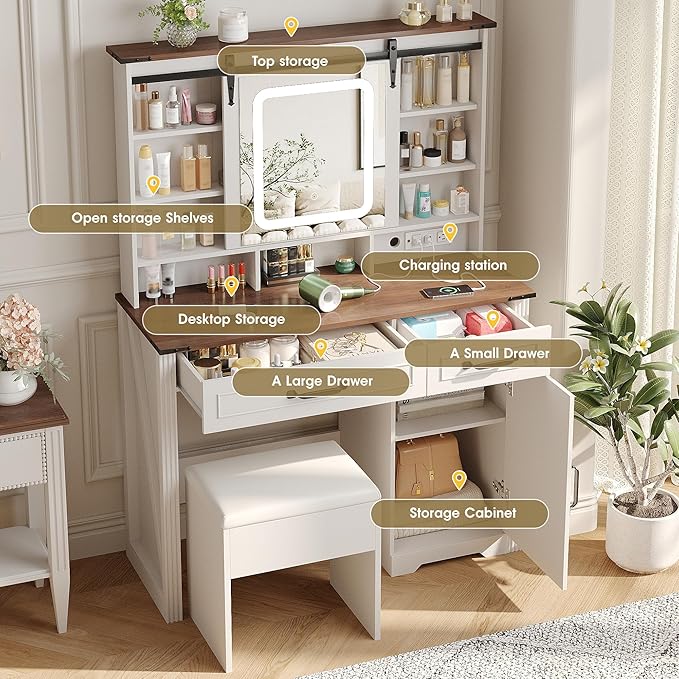 Farmhouse Makeup Vanity Desk with Sliding Mirror and Lights and Charging Station, White Vanity with Shelves and Drawers and Storage Cabinet, Make Up Vanity Desk with Cushioned Stool for Bedroom