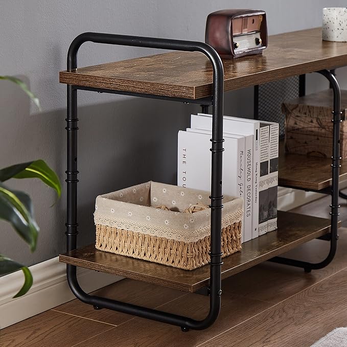 VECELO Industrial Television Stand up to 75 Inch TV,Entertainment Center/Media Console Table with Open Storage Shelves for Living Room/Bedroom,Classic Brown