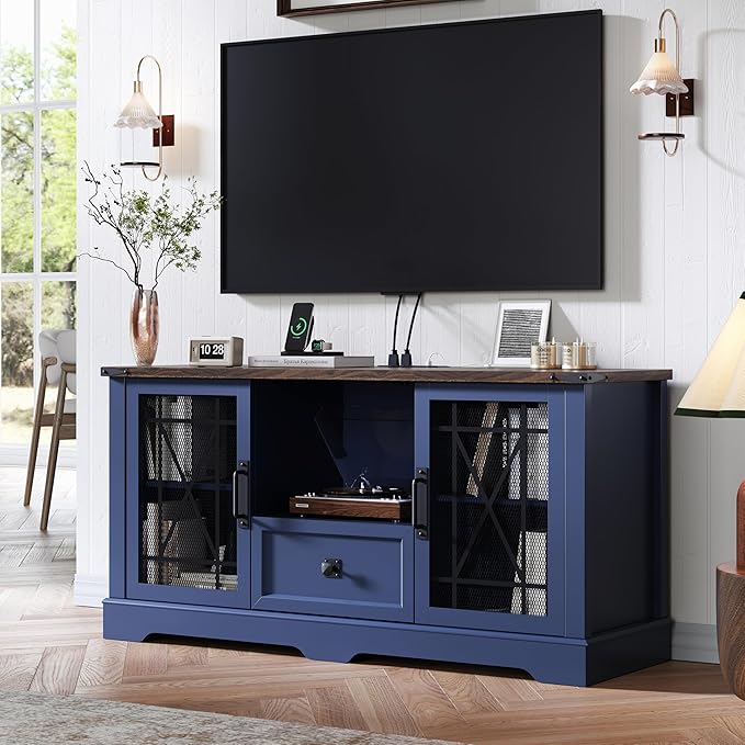 Entertainment Center Blue TV Stand with Charging Station Modern 55'' Television Stand Console with Adjustable Storage Shelves, Rustic Media Storage Cabinet for Living Room and Bedroom