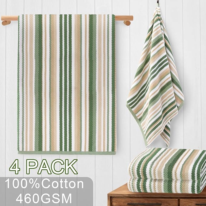 Green Bath Towels Set of 4, 28"x52" - 100% Cotton | Quick Dry | Soft | Absorbent | Lightweight, Striped Bath Towels for Bathroom & Guest, Stripe Shower Towel with Hanging Loop, Sage and Beige Stripes