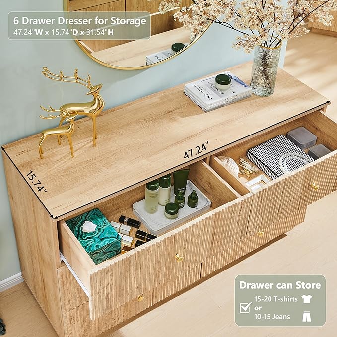 Fluted Dresser for Bedroom, 47" 6 Drawer Dressers, Wood Tall Dresser Storage Organizer, Modern Chest of Drawers with Deep Storage for Closet Hallway, Entryway, Living Room, Natural