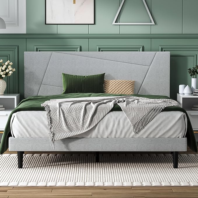 Queen Size Bed Frame, Queen Platform Bed Frame with Fabric Upholstered Headboard, Geometric Pattern, Sturdy Frame and Slats, Noiseless, No Springs Required, Easy to Assemble，Light Gray