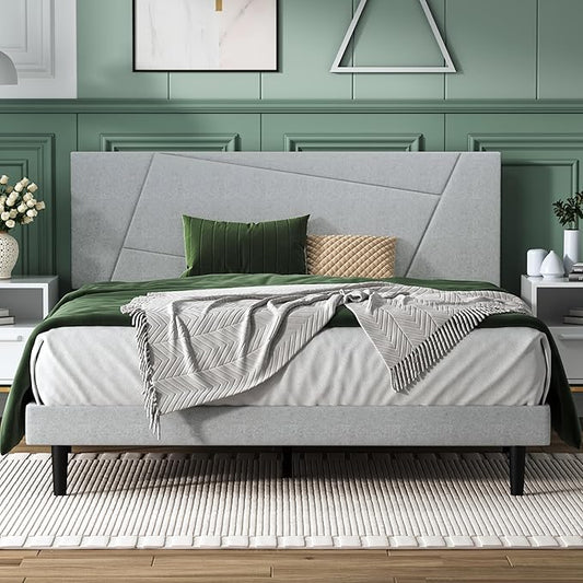 Queen Size Bed Frame, Queen Platform Bed Frame with Fabric Upholstered Headboard, Geometric Pattern, Sturdy Frame and Slats, Noiseless, No Springs Required, Easy to Assemble，Light Gray