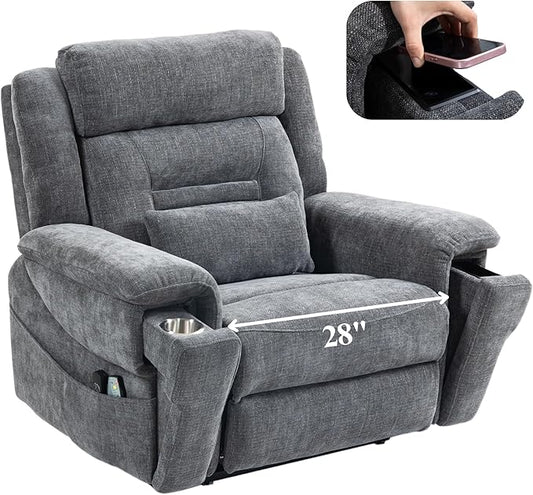 Big Man Power Lift Recliner for Elderly Adults 28 Inch Wide Seat, Lay Flat Lift Chair with Heat Massage, Cup Holder & Wireless Phone Charger, USB Type C Charging, Big Tall 400 lbs