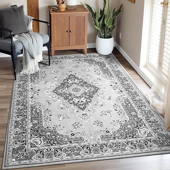 Vintage Area Rug 5x8 Rugs, Machine Washable Vintage Area Rug Non-Slip Low Pile Large Rug for Living Room, Bedroom, Farmhouse, Dining Room, Grey