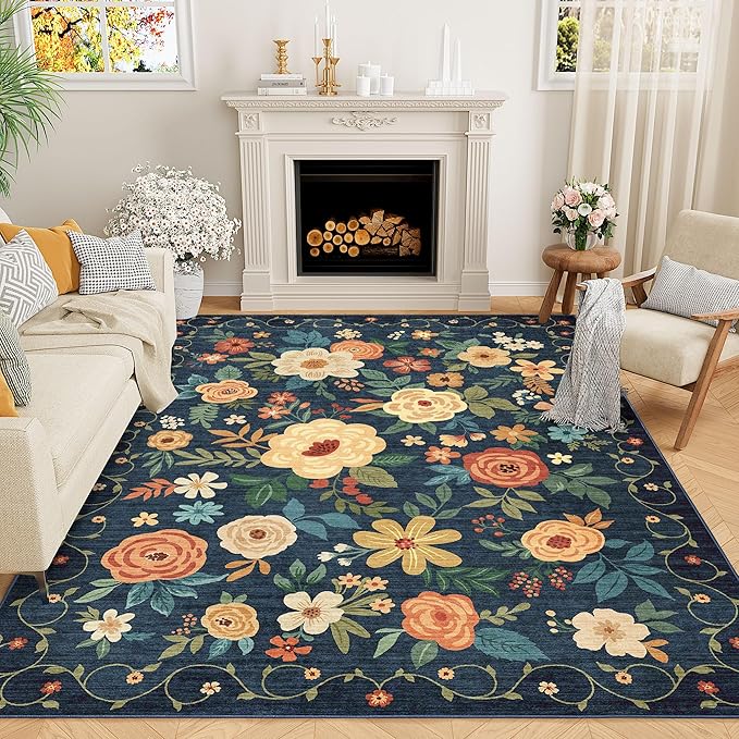 DUKINO 5x7 Area Rug, Floral Rugs for Living Room, Lightweight Non Slip Washable Rug, Indoor Low Pile & Non-Shedding Boho Design Rugs for Bedroom, Living Room, Dining Room, Dark Blue