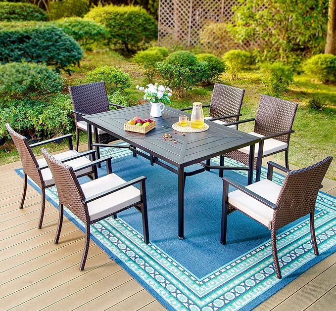 PHI VILLA 7 Piece Outdoor Dining Set for 6, 64" Metal Steel Dining Table with Umbrella Hole & Cushioned Rattan Chairs for Patio, Yard, Porch, Deck