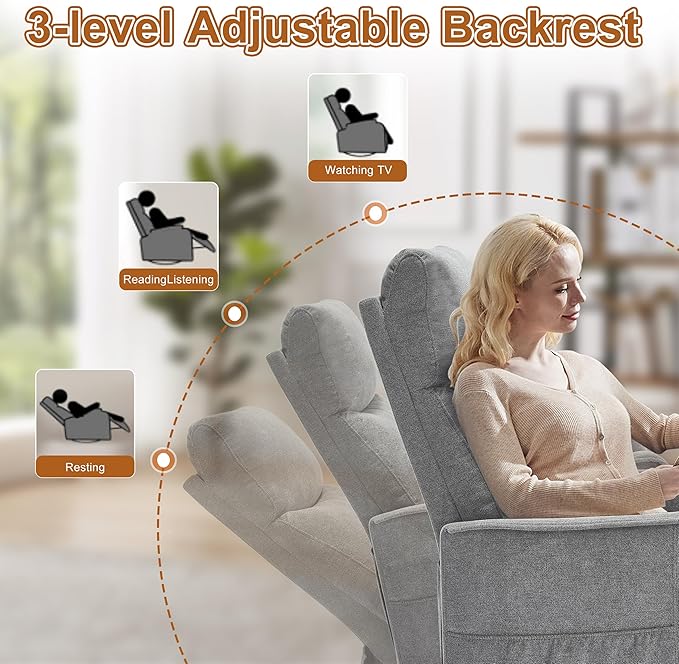 Manual 360° Swivel Rocker Recliner Chair for Adults, Overstuffed Glider Chair for Nursery with Vibration Massage and Heat, Comfy Soft Fabric Glider with Side Pockets for Living Room, Gray