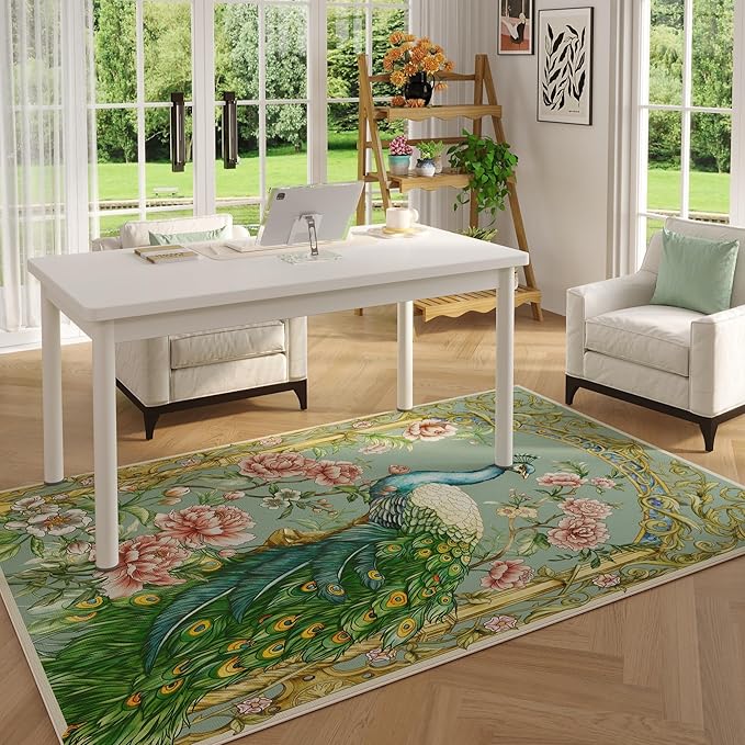 Living Room Rug 5x7 Rug Machine Washable Floral Peacock Animal Area Rug Non Slip Vintage Low Pile Large Rugs for Living Room, Bedroom, Farmhouse, Dining Room, Kids Playroom (Mint Turquoise)