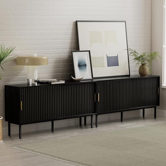 Fluted Tv Stand Set of 2, 47" Mid Century Entertainment Center with Adjustable Shelf, Wooden Media TV Console with Storage Cabinet for Living Room, Black
