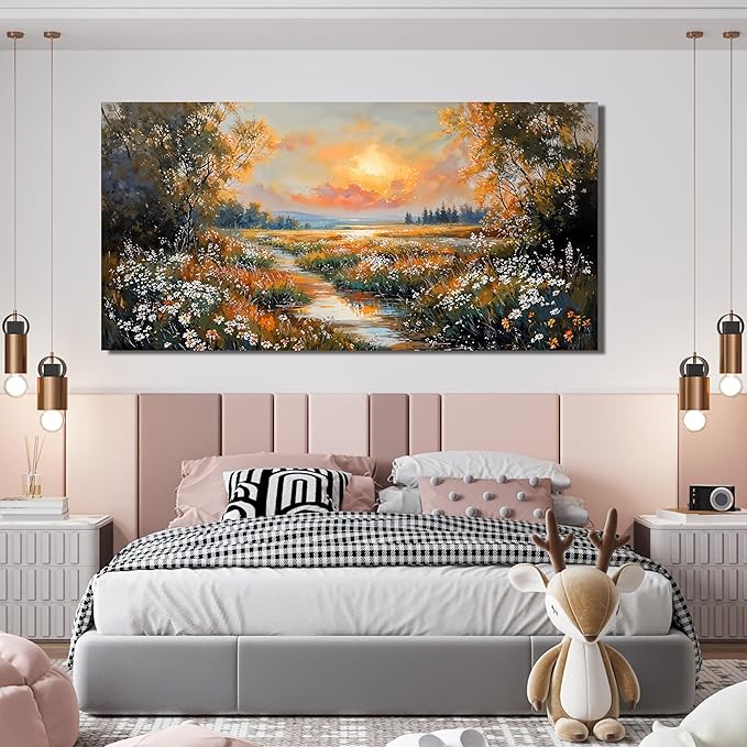 Canvas Wall Art Decor Vintage Wildflower Wall Art Prints Canvas Wall Art for Living Room Nature Landscape Art Work for Wall Decor River Sunset Artwork for Walls Bedroom Office Wall Art Decor 20" X 40"