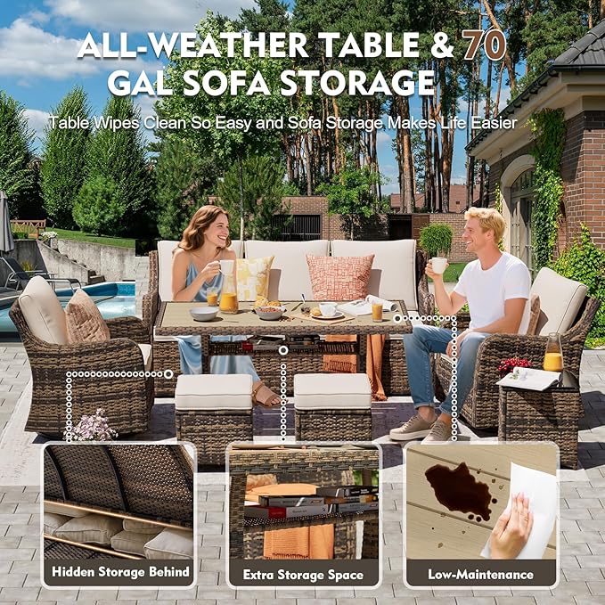 7 Pieces Patio Furniture Set with Swivel Chairs, Wicker Patio Conversation Set, Outdoor Patio Set with 2 Swivel Rocking Chair & Sofa, 2 Ottomans and Dining Table (Brown)
