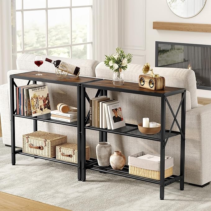 Hoctieon Industrial Console Table, 3-Tier Entryway Tables, Metal Frame, Sofa Table with Shelf, Hallway Tables, Entrance Desk for Entryway, Living Room, Foyer, Hallway, Rustic Brown&Black