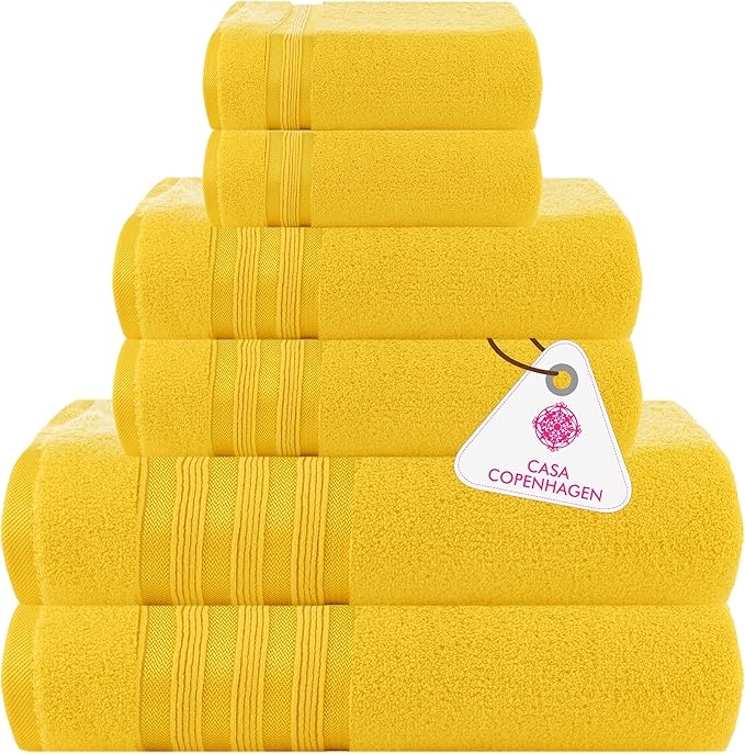 CASA COPENHAGEN Zero Twist, 6 Pieces Set 100% Cotton 0" Twist Towel Set- Butter Yellow, 600 GSM, 2 Bath, 2 Hand, 2 Washcloths Made from Egyptian Cotton, Ultra Soft Luxury Towels for Bathroom.