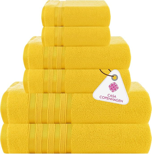 CASA COPENHAGEN Zero Twist, 6 Pieces Set 100% Cotton 0" Twist Towel Set- Butter Yellow, 600 GSM, 2 Bath, 2 Hand, 2 Washcloths Made from Egyptian Cotton, Ultra Soft Luxury Towels for Bathroom.