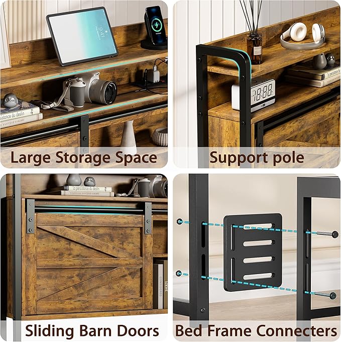 wanan Queen Size 3 Tier Storage Headboard with Outlets, USB Ports and LED Light, Sliding Barn Doors, Width Adjustable