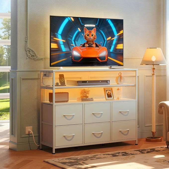 WLIVE White TV Stand for 40, 45 inch TV, Entertainment Center with LED Lights & Charging Station, TV Media Console Table with 6 Fabric Drawers and Open Shelves for Living Room, Hallway, Wood Top