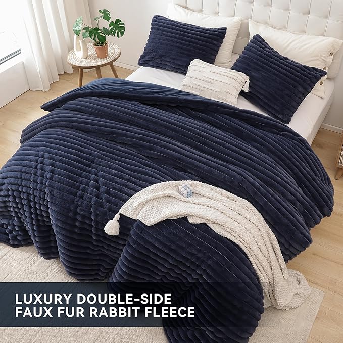 Smoofy Fluffy Queen Size Comforter Set 3 Pieces - Navy Blue Fleece Fluffy Comforter Set, Luxury Fuzzy Queen Bedding, Soft Warm Queen Bed Set All Season, Heavy Faux Fur Comforter with 2 Pillow Cases