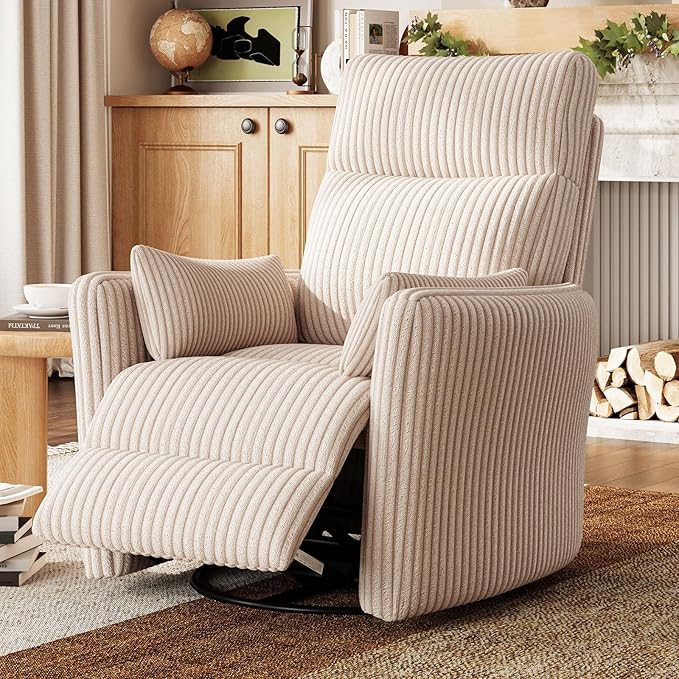 LINSY 360 Swivel Recliner Chair: Corduroy Rocking Chair Nursery Glider Chairs with 2 Pillows Comfy High Back Adult Recliner for Small Spaces, Living Room Bedroom Nursery Reclining Chairs, Beige