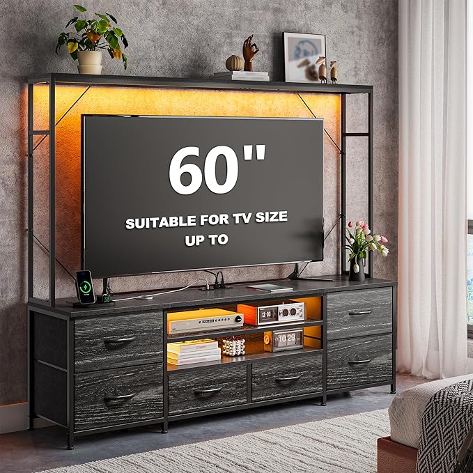 TV Stand for 55 60 inch TV, Large Wall Unit Entertainment Center with LED Lights & Power Outlets, TV Stands for Living Room, Closet, Entryway,13.8" D x 55" W x 61" H, Black