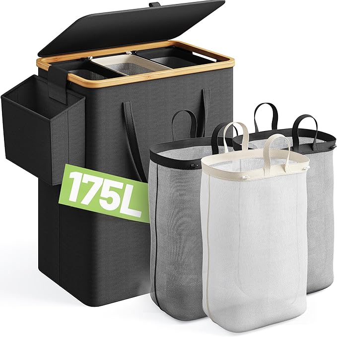 175L Laundry Hamper with Lid 3 Section, Extra Large Laundry Basket with 3 Removable Bags, 46 GAL Laundry Basket Organizer for Bedroom, Laundry Room, Dorm, Black