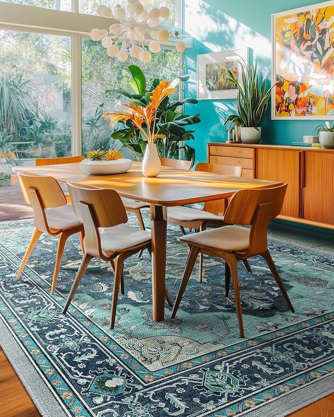 Area Rugs 5'x8' Washable Non-Slip, Floral Vintage Distress Print Pattern Medallion Carpet for Living Room Bedroom Dining Room, Teal Green Lake Blue Turquoise