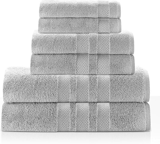Zero Twist Bathroom Towel Set - Luxury Bath Towel Sets for Bathroom, Hands, and Washcloths - Quick Dry and Absorbent - 6 Pieces, 3 Stripe, Stone