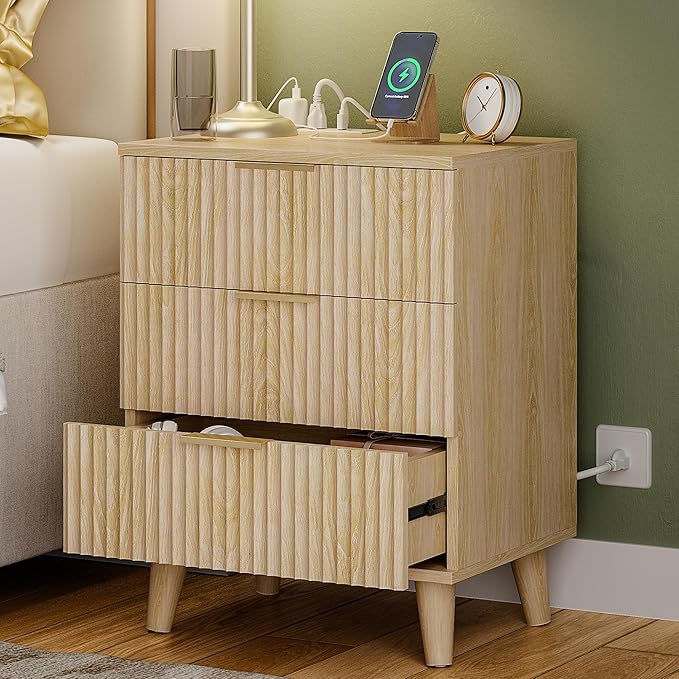 Lulive Wood 3 Drawers Dresser Fluted Night Stand with Charging Station, Storage Nightstand Modern Side Table, Bedside Table for Bedroom, Entryway Natural