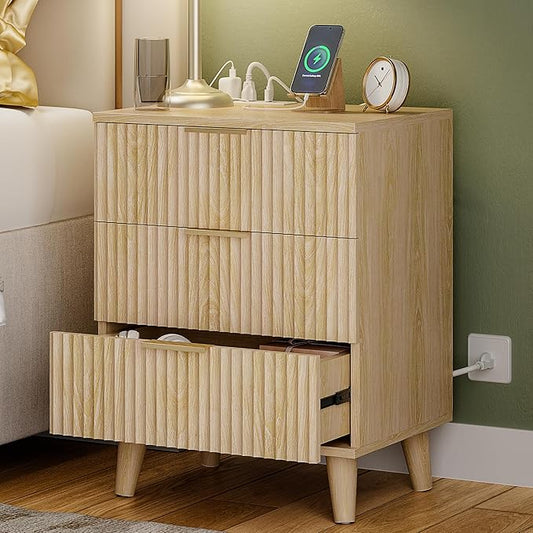 Lulive Wood 3 Drawers Dresser Fluted Night Stand with Charging Station, Storage Nightstand Modern Side Table, Bedside Table for Bedroom, Entryway Natural