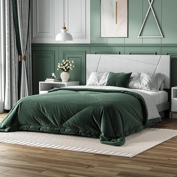 Queen Size Bed Frame, Queen Platform Bed Frame with Fabric Upholstered Headboard, Geometric Pattern, Sturdy Frame and Slats, Noiseless, No Springs Required, Easy to Assemble，Light Gray