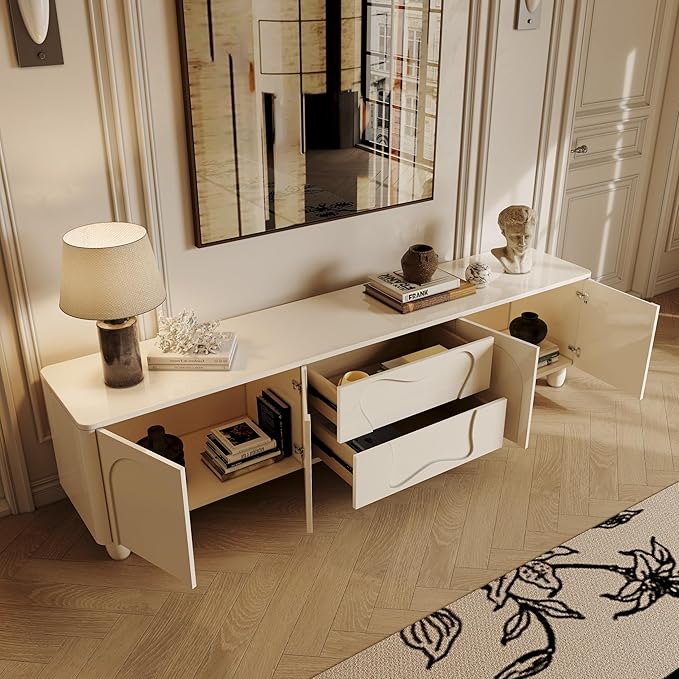 79 inch TV Stand for 75 inch TV, Modern White TV Stand with Storage, Entertainment Center with Cord Management for Living Room Bedroom