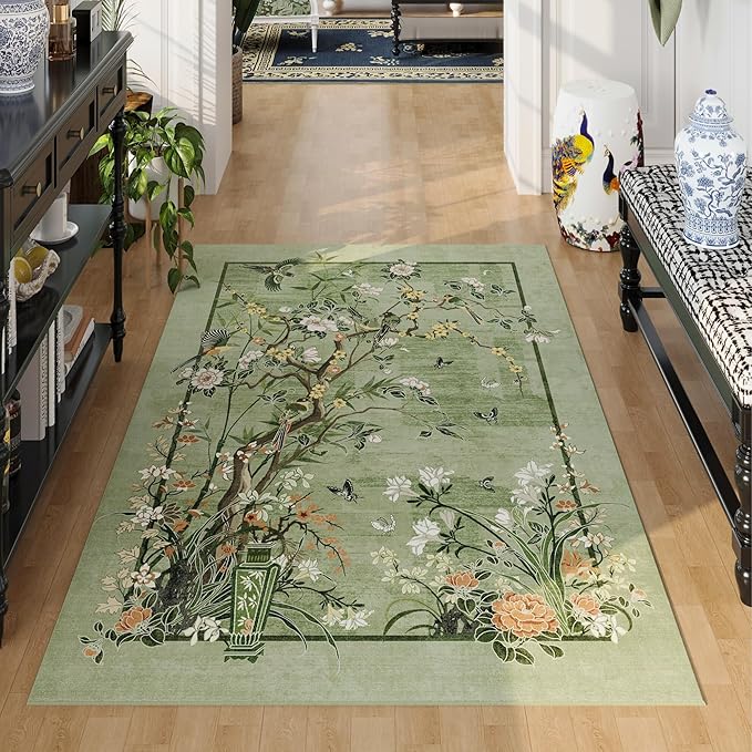 3x5 Washable Rug Chinoiserie-Style Floral Vintage Area Rug Non Slip Low Pile Small Carpet for Bedroom, Bedside, Kitchen, Entryway, Kids Room, Office, Green