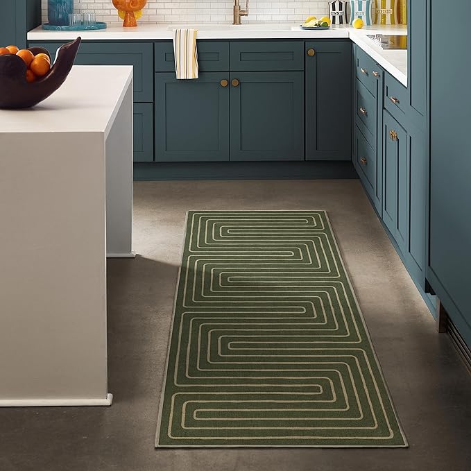 RUGGABLE x Jonathan Adler Machine Washable Modern Runner Rug – Labyrinth Fern Green 2.5x10, Stain-Resistant, Non-Slip – Washable Rug for Hallway, Entryway, Living Room & Kitchen–with Cushioned Pad