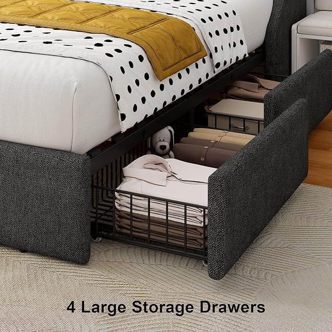 Upholstered Twin Bed Frame with 4 Storage Drawers, Platform Bed Frame with Large Wingback Headboard, Charging Station, No Box Spring Needed, Easy Assembly, Dark Grey