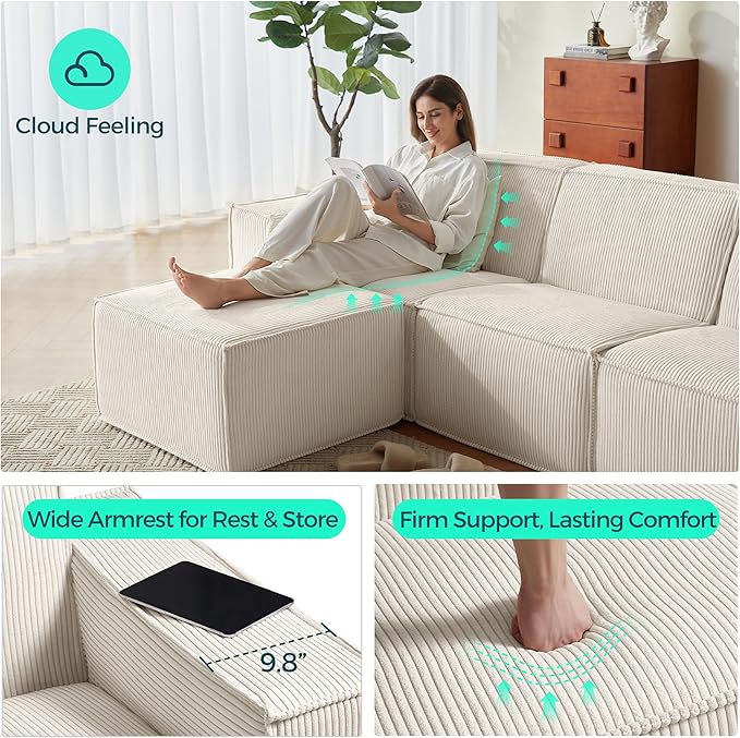 LINSY HOME Modular Sectional Sofa, 134" Boneless Couch L Shaped 4-Seat Sofa with Movable Ottoman, Corduroy Sectional Cloud Couches for Living Room, No Assembly Required, Beige