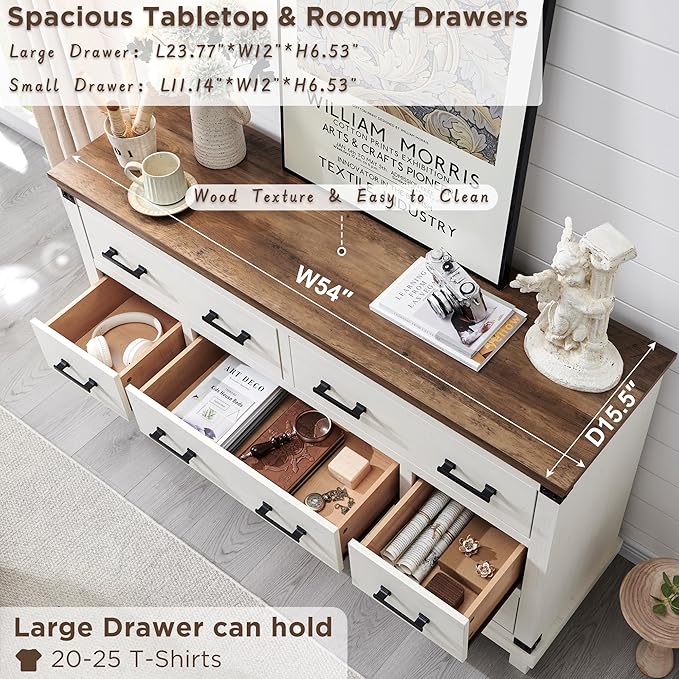 T4TREAM Farmhouse 7 Drawers Dresser for Bedroom, 54" Wide Wood Chest of Drawers w/Natural Texture & Metal Handle, Rustic Storage Dressers Organizer for Living Room, Hallway, Antique White