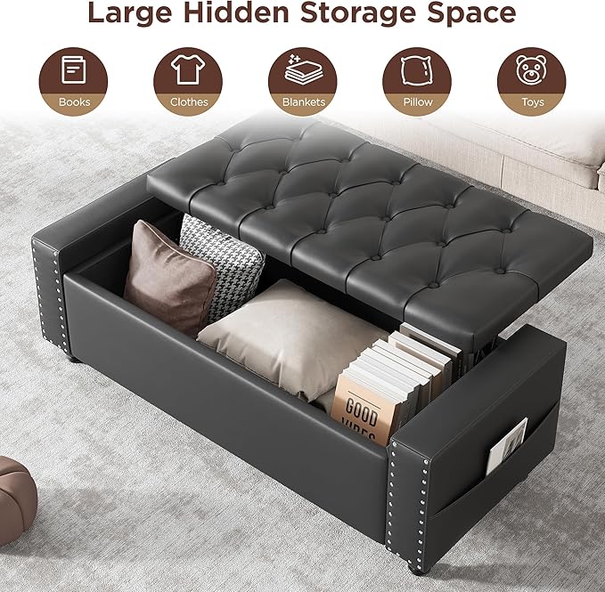 Maupvit Storage Ottoman Bench, 49 Inch Bedroom Bench, Upholstered Ottoman with Storage, Entryway Bench with Tufted Button, Faux Leather Window Bench for Bedroom, Living Room, Entryway, Hallway, Black